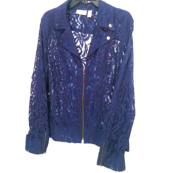 Chicos Navy Lace Moto Jacket Front Zip Up Long Sleeve Collar Sheer Feminine Sz 2 - Picture 1 of 13